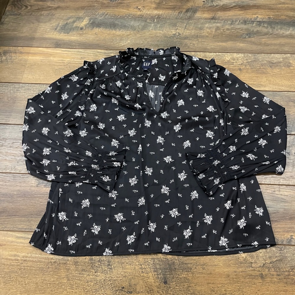 Gap Black Floral Ruffle Neck Blouse Smocked Long Sleeve Top Large Cottage Boho
